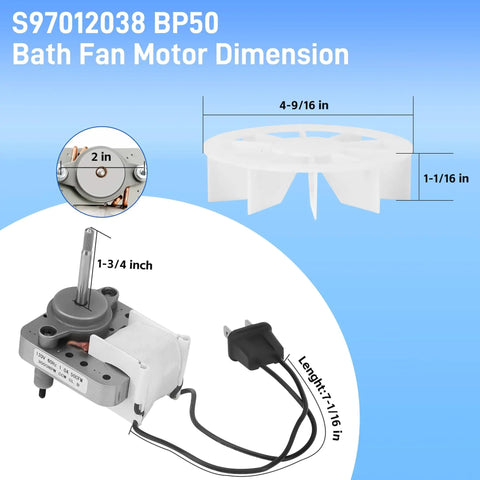 Premium Replacement Bathroom Exhaust Fan Motor And Wheel Kit With 120V Plug 3000 RPM 50 CFM CCW dimensions diagram