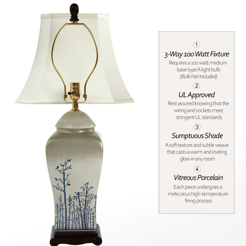 Blue And White Spring Forest Porcelain Vase Lamp Hand Crafted Chinese Porcelain With Hand Painted Winter Trees And Birds Includes Fabric Shade And Built In Wooden Base Delivers Classic Vintage Vibe And Uses A 100 Watt 3 Way Bulb.