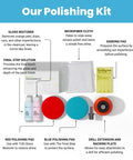 DIY Car Polishing Kit For Orange Peel Removal And Deep Mirror Shine Includes Sanding Pads Polishing Pads Wax Drill Extension Backing Plate And Microfiber Cloth 9 Piece Set For A Pro At Home Detail with labeled components.