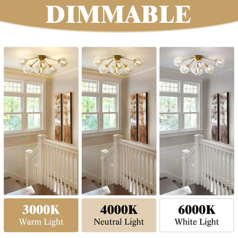 Seven Light Mid Century Modern Flush Mount Ceiling Light With Amber Glass Sputnik Globes Brass Gold Finish dimmable display