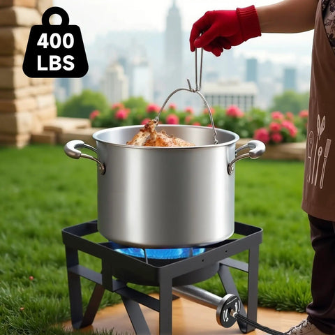 Dual Burner Propane Camping Stove With 200,000 BTU Beast Power in use, boiling water outdoors with pot on black stand