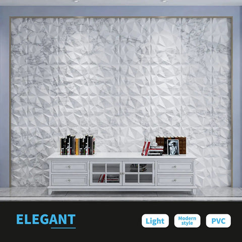 Room with Diamond Pattern Grey PVC Wall Panels 19.7 Inch Square Pack Of 12 Lightweight Fire Resistant Easy DIY accentuated by a white console table.