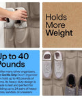 Close-up of beige over the door shoe organizer with 24 breathable mesh pockets holding sneakers, text highlights 40 lbs capacity.