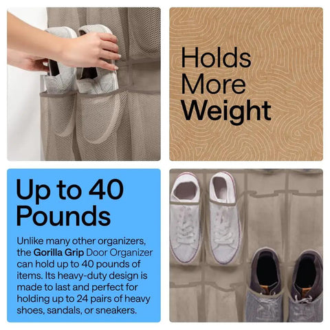 Close-up of beige over the door shoe organizer with 24 breathable mesh pockets holding sneakers, text highlights 40 lbs capacity.
