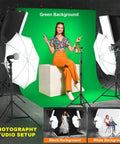 Photography setup with AM169 Photo And Video Studio Light Kit With 3 Backdrops Black White Green Including Two 24x24 Softbox Reflectors.