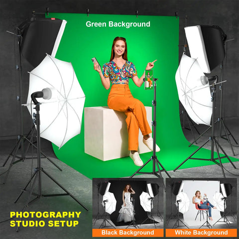 Photography setup with AM169 Photo And Video Studio Light Kit With 3 Backdrops Black White Green Including Two 24x24 Softbox Reflectors.
