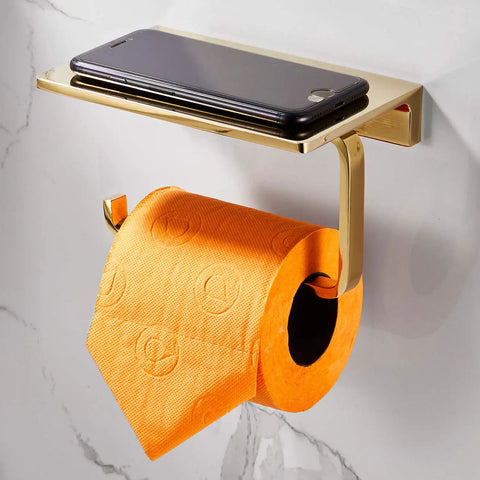 Solid Brass Toilet Paper Holder With Gold Finish, Hotel Style Tissue Roll Holder Plus Built In Cell Phone Shelf shown installed