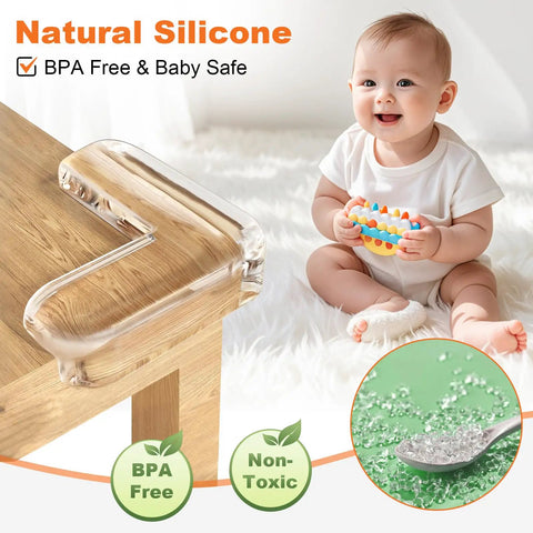 Thickened Corner Guards For Baby Proofing Edges And Sharp Tables, 12 Pack Corner Protectors on wooden table near baby.