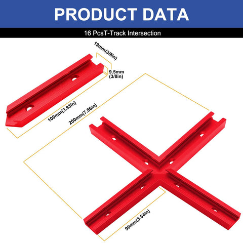 Pro Grade T Track Intersection Kit for Woodworking with Screws, Universal Double Cut Jig Profile T Tracks Red Finish, dimensions shown