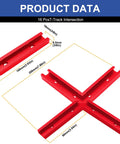 Image showing dimensions of the 4 Pack T Track Intersection Kit Red for woodworking with universal aluminum T tracks and connectors.