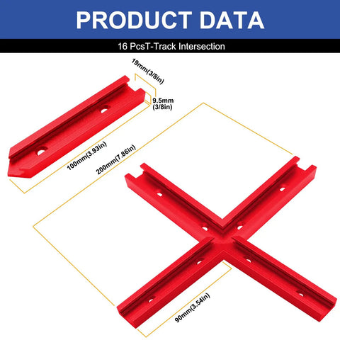 Image showing dimensions of the 4 Pack T Track Intersection Kit Red for woodworking with universal aluminum T tracks and connectors.