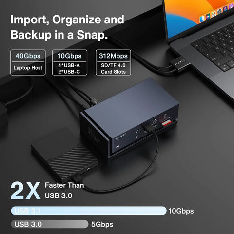 Kick Your Daily Grind Into Hyperdrive With This Rock Solid Thunderbolt 4 DisplayLink Dock featuring USB ports and card slots, shown connected to a laptop.