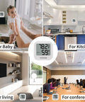 All In One Room Humidity And Temperature Meter With LCD Display Accurate Hygrometer Thermometer For Bedroom Nursery Office Greenhouse And Cellar Easy To Read Sensor With Precise Temperature And Humidity Readings. White LCD room meter shown in baby room, kitchen, living room, and conference room