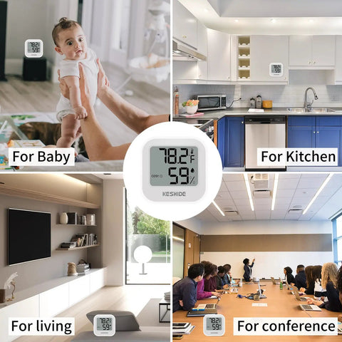 All In One Room Humidity And Temperature Meter With LCD Display Accurate Hygrometer Thermometer For Bedroom Nursery Office Greenhouse And Cellar Easy To Read Sensor With Precise Temperature And Humidity Readings. White LCD room meter shown in baby room, kitchen, living room, and conference room