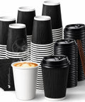 50 Pack 12 Oz Disposable Coffee Cups With Lids And Straws Insulated To Go Paper Cups With Detachable Corrugated Sleeves For Hot Or Cold Drinks Ideal For Office Travel Coffee Bar And Grab And Go Black Sleeves