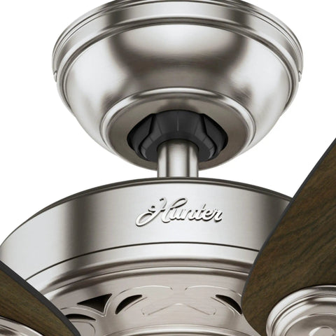 Close-up of brushed nickel finish on 34 Inch Indoor Ceiling Fan With LED Light And Pull Chain, Standard Mount, 5 Blades, Quiet Operation.