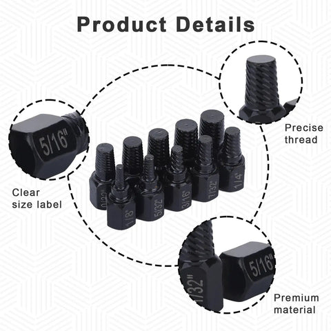 Ten Piece Hex Bolt Extractor Kit For Stripped Screws And Damaged Fasteners Easy Out Set showing clear size labels and precise threads.
