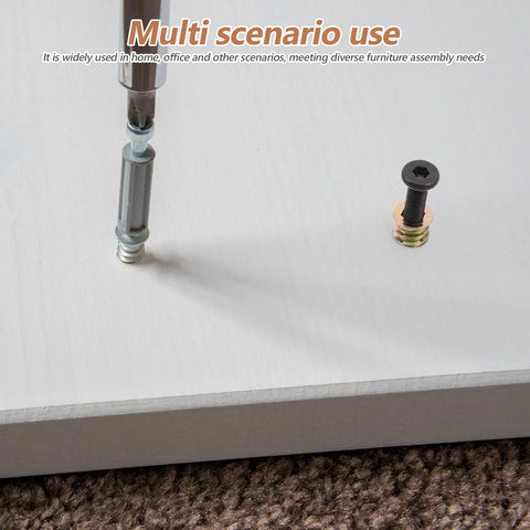 Wood Furniture Screws And Threaded Inserts Kit For Solid Hidden Installations shown on white wooden board.