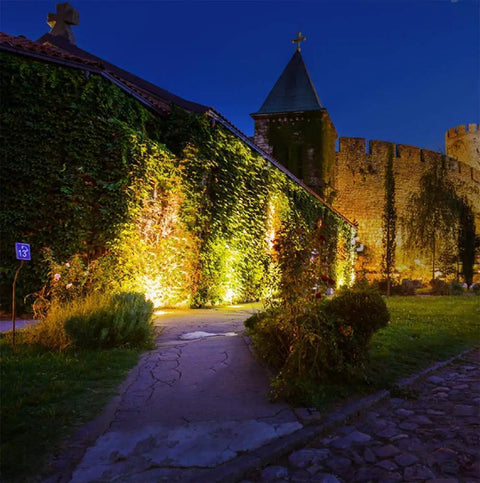 JUDYSSY Solar Flood Lights Led Solar Light illuminating an ivy-covered wall near a castle at night.