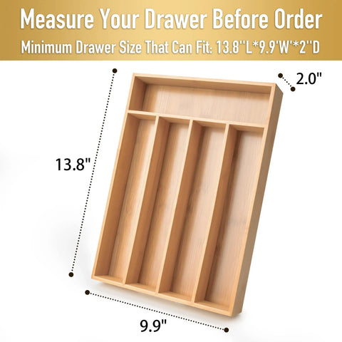 Smooth Bamboo Drawer Organizer With Five Deep Slots Keeps Kitchen Chaos Out Of Sight And Makes Grabbing Utensils Total No Sweat During Rush Hours dimensions displayed in inches.