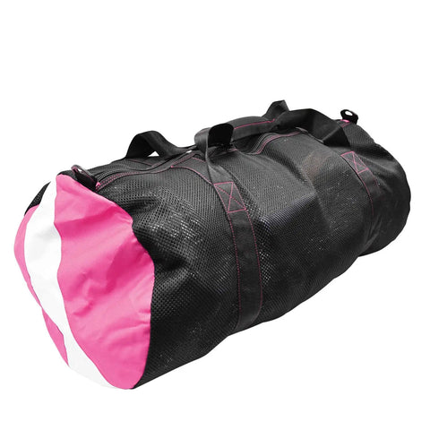 Collapsible Mesh Duffle Bag For Dive Gear With 600D Polyester, YKK Zipper, Neoprene Grip, And Extra Shoulder Strap in black and pink colors