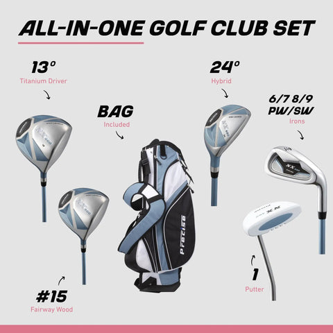 Women’s Complete Golf Club Set For Beginners With Driver, Fairway Wood, Hybrid, Irons, Putter, Stand Bag And Headcovers