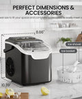 Portable Countertop Ice Maker That Makes Bullet Ice Pretty Dang Fast With Zero Fuss And Self Cleaning Features Providing Two Cube Size Choices For House Parties Producing 26 Pounds Daily In Modern Black on kitchen countertop with ice basket and shovel.