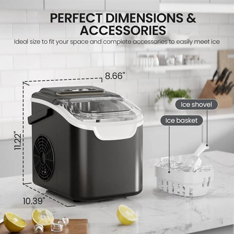 Portable Countertop Ice Maker That Makes Bullet Ice Pretty Dang Fast With Zero Fuss And Self Cleaning Features Providing Two Cube Size Choices For House Parties Producing 26 Pounds Daily In Modern Black on kitchen countertop with ice basket and shovel.