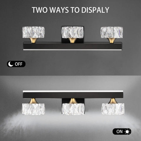 30 Inch Black And Gold Vanity Lights Over Mirror With 360 Degree Rotatable LED Sconces, Dimmable 14W, 3 CCT 3000K 4000K 6000K, Wall Mount Picture Lights For Bathroom And Bedroom, Includes Three Lights And One Light Strip, showcasing on and off modes with frosted glass backdrop