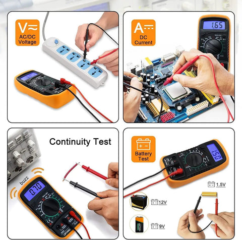 Go-To DIY Ready Multimeter Volt Meter 2000 Counts Digital Tester showing AC/DC voltage, DC current, continuity, and battery test.