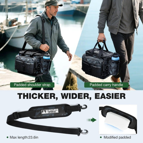 Man carrying waterproof fishing tackle box 4 pack with 3600 and 3700 tackle trays featuring padded shoulder strap and handle