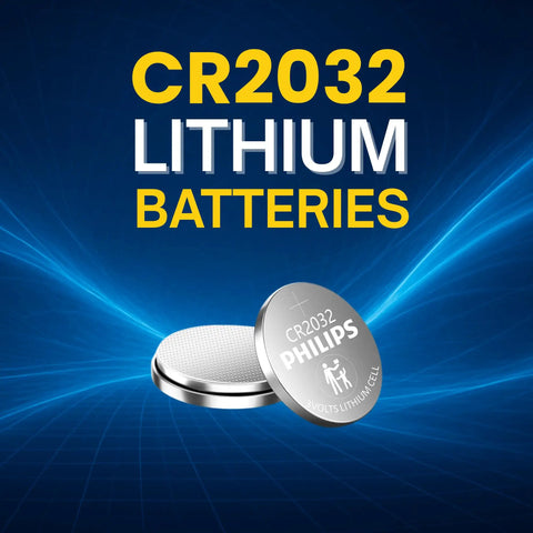 Dead Reliable CR2032 Lithium Coin Batteries Five Pack For Apple Airtags Car Key Fobs Sensors And Watches, displayed on blue background