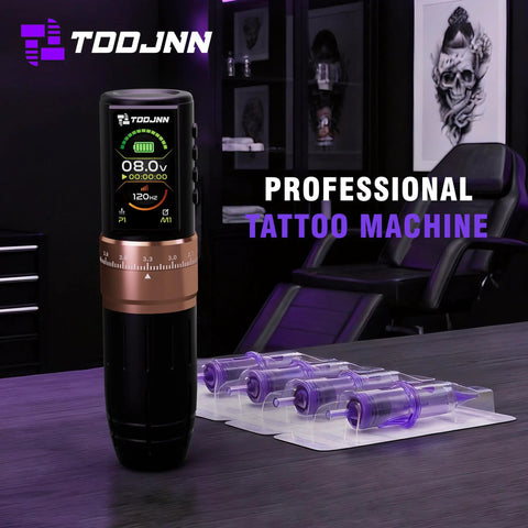 All In One Wireless Tattoo Pen Kit With OLED Display For Beginners Includes Cartridges Practice Skin Ink Cups Gloves Type C Cable And 2400mAh Battery For At Home Tattoo Practice on table