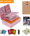 Beefed Up Heatproof Document Safe With Lock And Insulated 5200F Fireproof Waterproof Box Eight Layer Portable File Organizer For Home And Travel Pink Soft Exterior Safe Storage For Important Documents And Files with various items