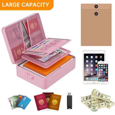 Beefed Up Heatproof Document Safe With Lock And Insulated 5200F Fireproof Waterproof Box Eight Layer Portable File Organizer For Home And Travel Pink Soft Exterior Safe Storage For Important Documents And Files with various items