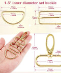 Top Tier 18 Pack Gold Purse Hardware Kit With 1.5 Inch D Rings And Heavy Duty Swivel Snaps Paired With Tri Glide Buckles showing various sizes and dimensions.