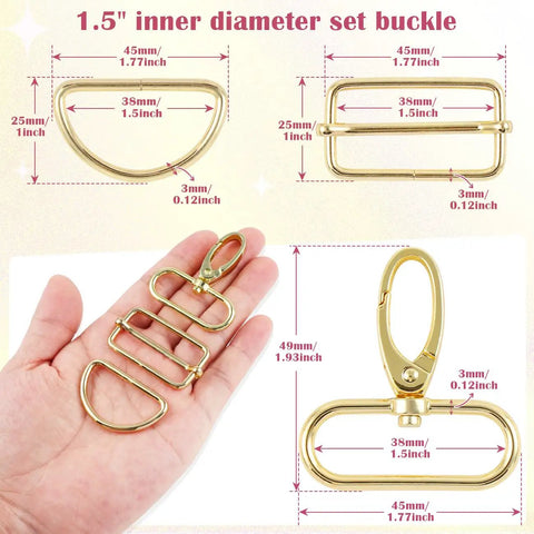 Top Tier 18 Pack Gold Purse Hardware Kit With 1.5 Inch D Rings And Heavy Duty Swivel Snaps Paired With Tri Glide Buckles showing various sizes and dimensions.