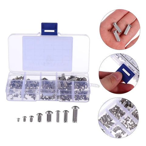 Shop Grade 304 Stainless Steel Solid Rivets Kit Includes 160 Tough Round Head Fasteners With Knurled Shanks in clear organizer box.