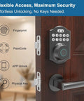 Keyless Smart Lock With Fingerprint And Passcode Plus Tuya App Control Auto Lock Fast 0.3 Second Unlock Stores Up To 100 Fingerprints Easy Do It Yourself Installation Ideal For Home Apartment And Airbnb installed on door showing keypad and fingerprint sensor.