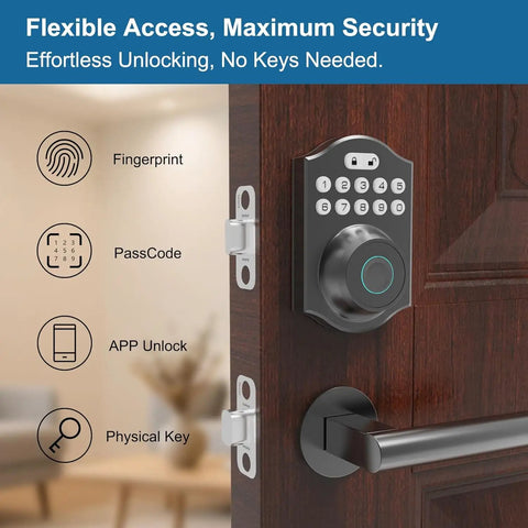 Keyless Smart Lock With Fingerprint And Passcode Plus Tuya App Control Auto Lock Fast 0.3 Second Unlock Stores Up To 100 Fingerprints Easy Do It Yourself Installation Ideal For Home Apartment And Airbnb installed on door showing keypad and fingerprint sensor.