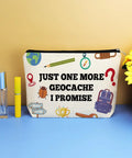 Geocaching Themed Makeup Bag for Women, Outdoor Treasure Hunter Gift, double-sided cosmetic bag with geocaching icons, 10x7 inch pouch.
