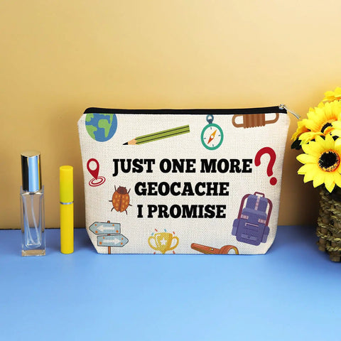 Geocaching Themed Makeup Bag for Women, Outdoor Treasure Hunter Gift, double-sided cosmetic bag with geocaching icons, 10x7 inch pouch.
