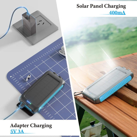 Maxed-Out 49800mAh Solar Power Bank with 15W Fast Charging in adapter and solar panel charging modes.