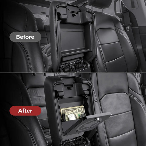Metal Center Console Hidden Organizer for Jeep Wrangler JL JLU 2018 to 2026 and Gladiator JT 2020 to 2026 before and after installation