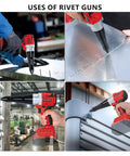 Cordless Rivet Gun Tool For M18 18V Battery Systems in use on metal sheets; features steady pressure and easy trigger pull.