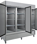 Rock Solid Commercial Workhorse Upright Freezer And Convertible Refrigerator With 72 Cubic Feet Capacity Frost Free Design slick stainless steel exterior with open doors and adjustable shelves.