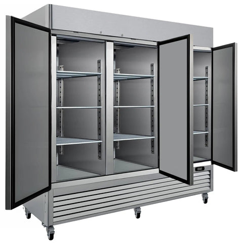 Rock Solid Commercial Workhorse Upright Freezer And Convertible Refrigerator With 72 Cubic Feet Capacity Frost Free Design slick stainless steel exterior with open doors and adjustable shelves.