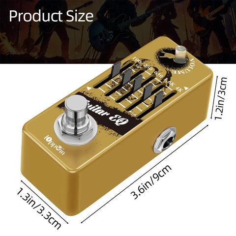 Tiny Titan Of Tone Five Band Graphic EQ Guitar Pedal with master level control, true bypass, rugged metal shell, product size