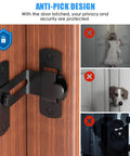 90 Degree Flip Barn Door Lock For Privacy And Security Hook Gate Latch installed on wooden door, black