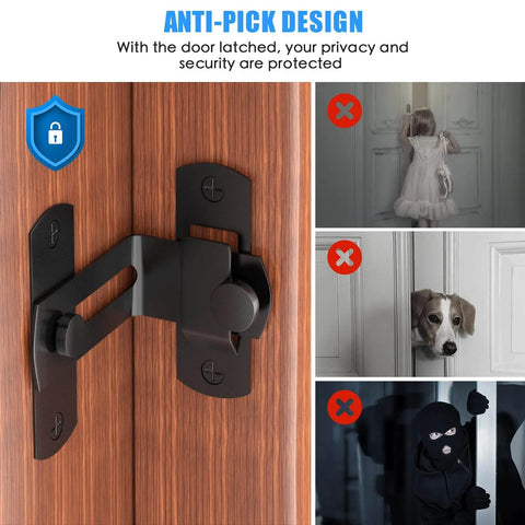 90 Degree Flip Barn Door Lock For Privacy And Security Hook Gate Latch installed on wooden door, black